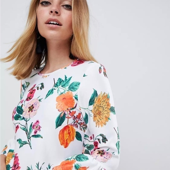 ASOS DESIGN Botanical Shift Mini Dress with Fluted Sleeves, Size 4 - Picture 5 of 16